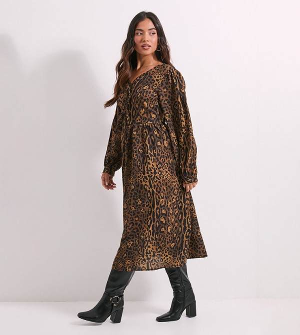 Petite Bow Front Blouson Sleeves Printed Midi Dress