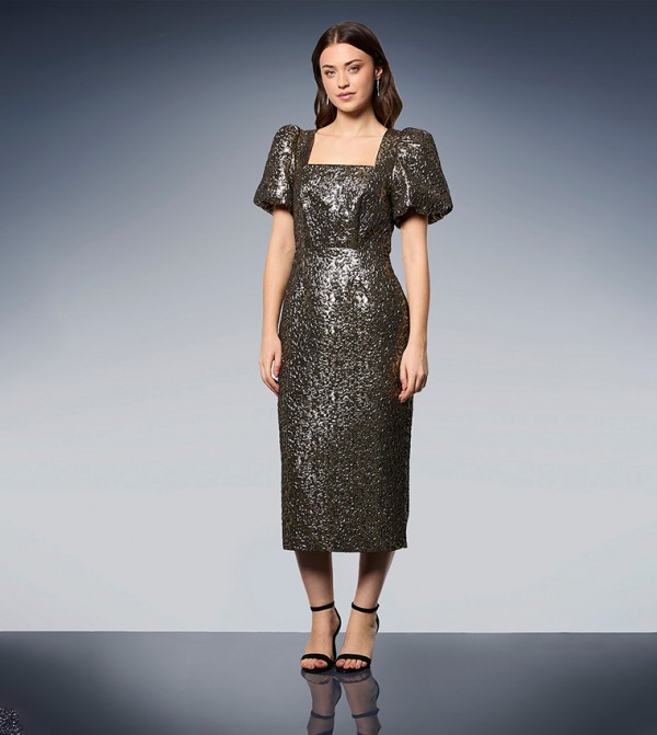 فستان ميدي جاكارد ميتاليك كم باف 