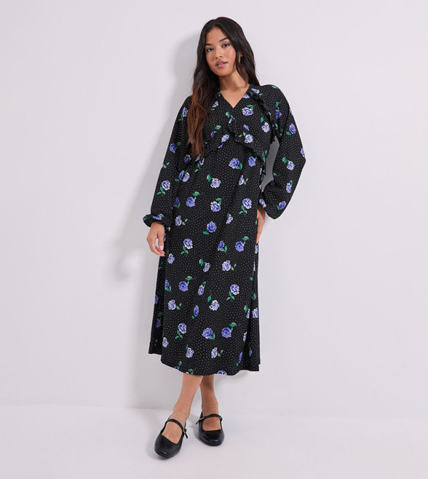 Petite Floral Print Empire Seam Frill Detail Midi Dress