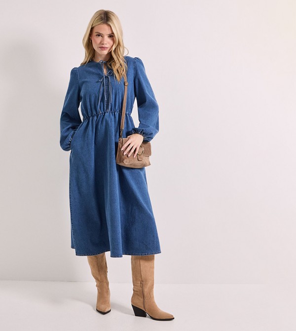 Bow Front Blouson Sleeves Denim Midi Dress