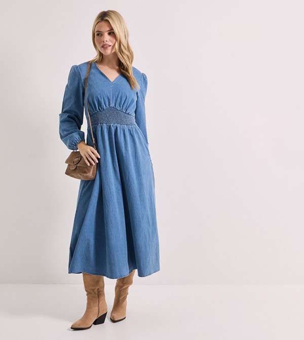 Shirred Waist Long Sleeves Denim Midi Dress