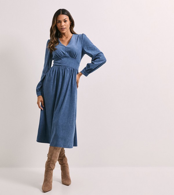 Empire Seam Detail Blouson Sleeves Midi Dress
