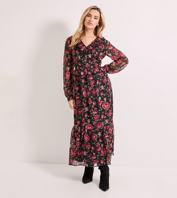 Petite Pleat Bodice Ruffle Neck Blouson Sleeves Midaxi Dress