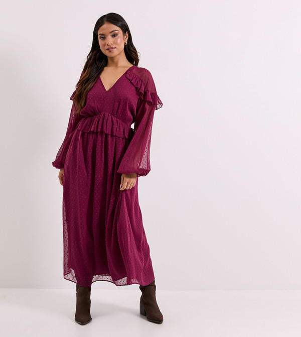 فستان ميدي بأكتاف مكشكشة للمقاسات الصغيرة 