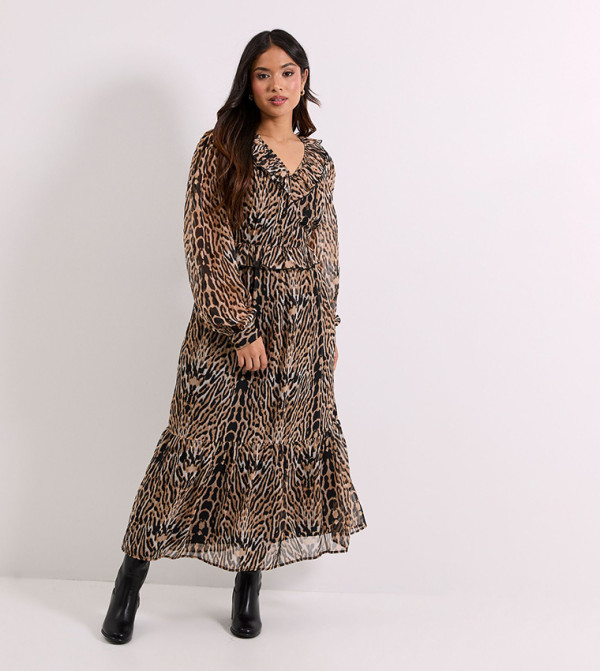 Petite Pleat Bodice Ruffle Neck Blouson Sleeves Midaxi Dress