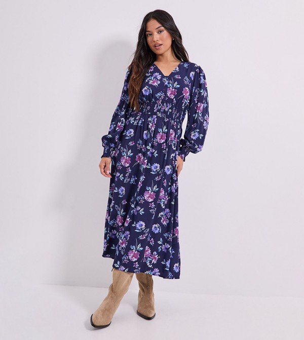 Petite V-Neck Button Front Detail Printed Midi Dress