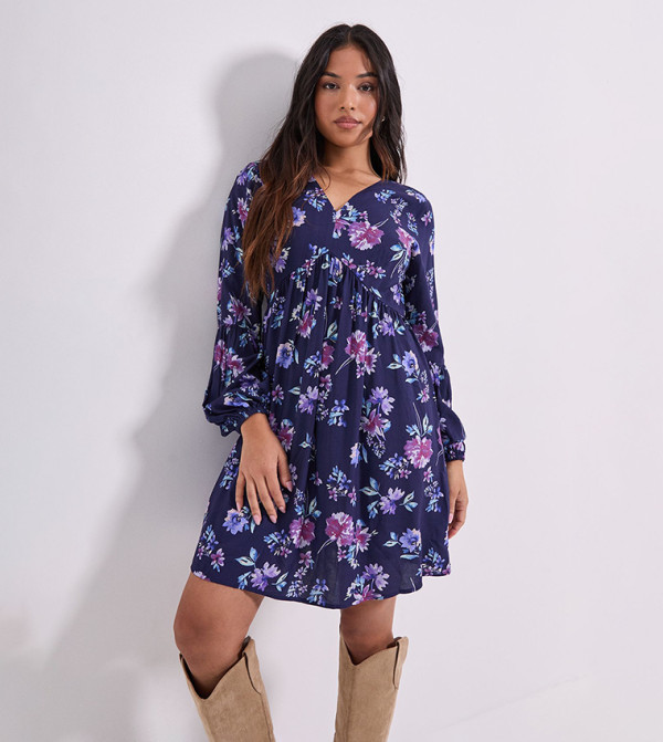 Petite Printed V-Neck Smock Blouson Sleeves Mini Dress
