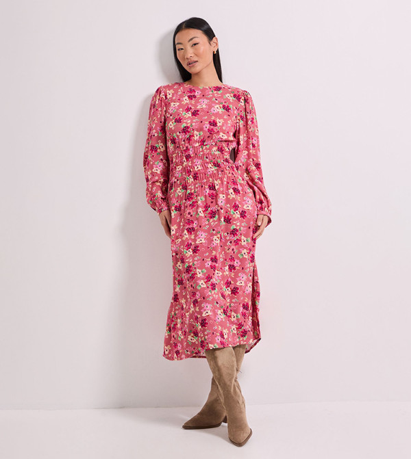 Petite Printed Shirred Dropped Waist Detail Midi Dress