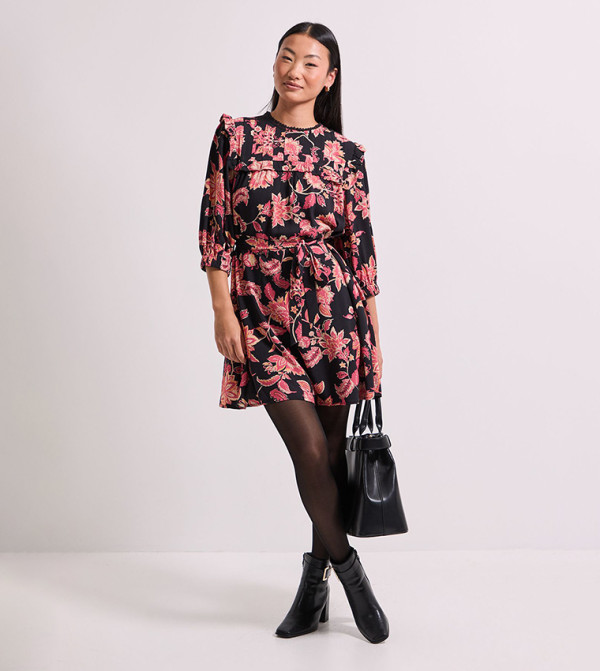 Petite Printed Tie Waist Yoke Frill Detail Mini Dress