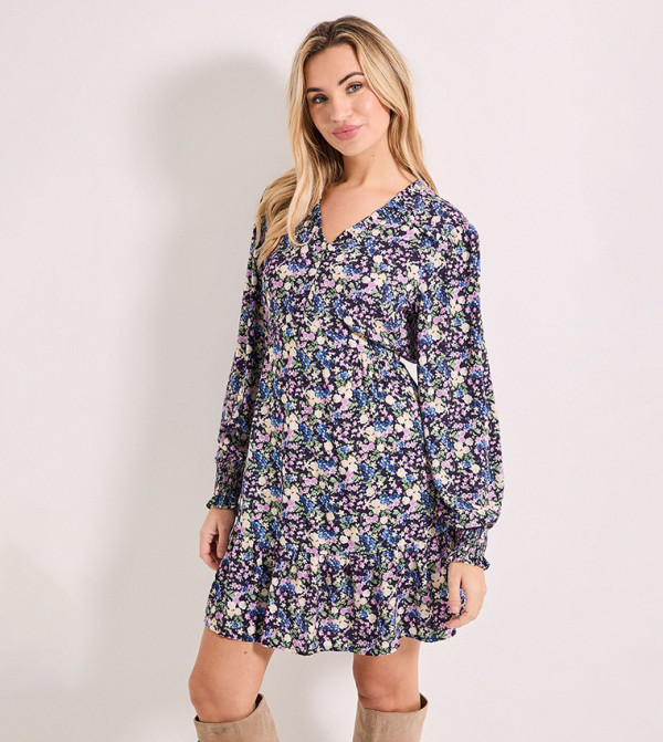 Printed Frill Detail Tiered Smock Mini Dress