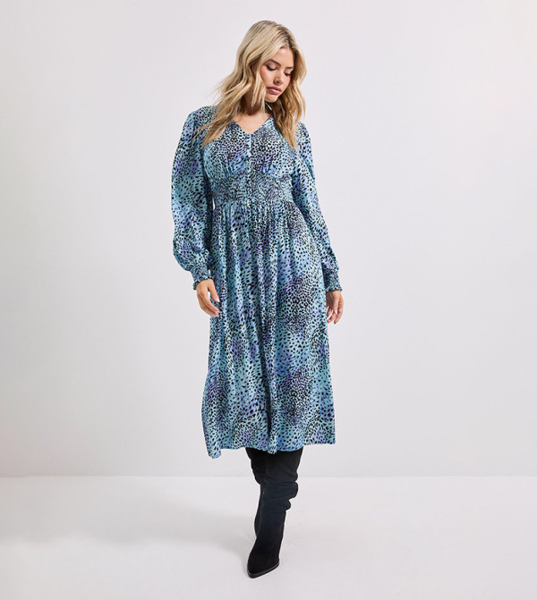 فستان ميدي بقبة V وطبعة 