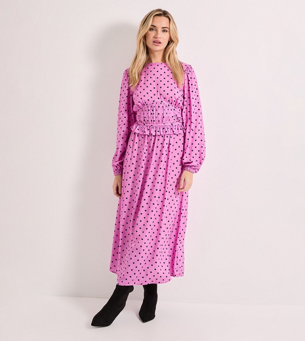 Gathered Waist Detail Blouson Sleeves Midi Dress