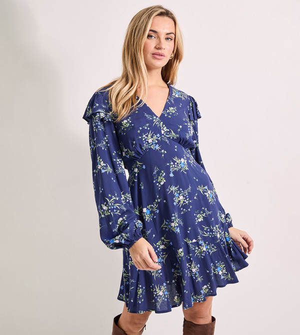 Frill Detail Blouson Sleeves Tie Back Tiered Mini Dress