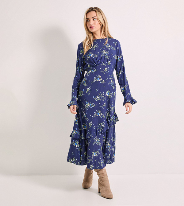 Printed Frill Sleeves Ruffle Detail Midi Dress