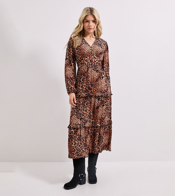 Printed Button Through Tiered Frill Midi Dress