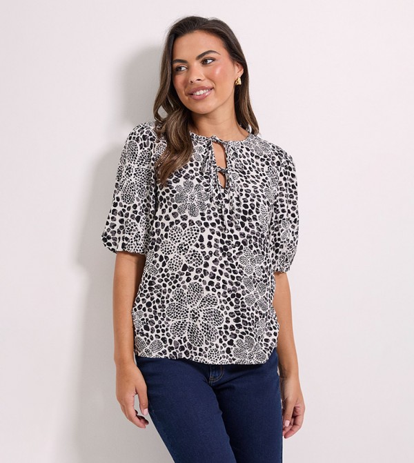 Printed Tie Detail Puff Sleeves Top