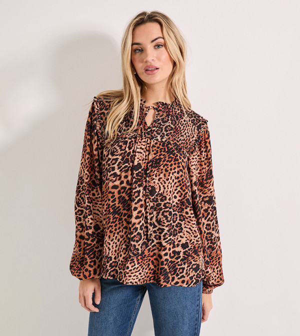 Leopard Print Smocked Yoke Tie Detail Blouson Sleeves Top