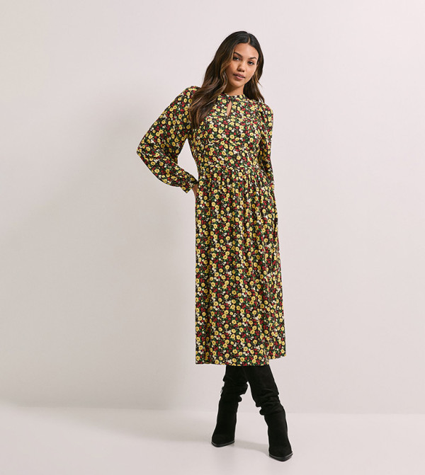 Printed Keyhole Detail Waisted Blouson Sleeves Midi Dress