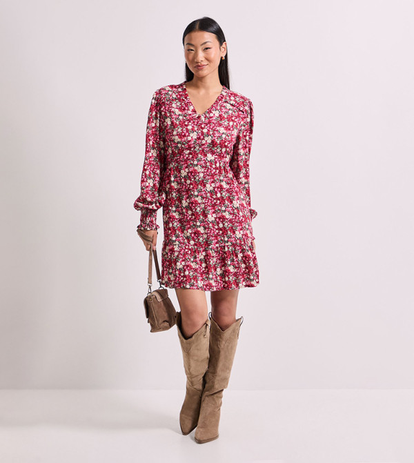 Petite Printed Frill Detail Tiered Smock Mini Dress