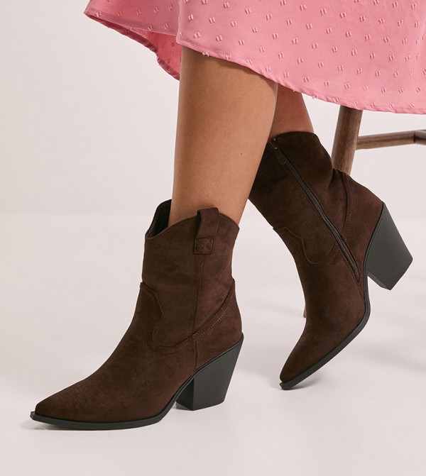 Jenny Faux Suede Detail Western Cowboy Ankle Boots