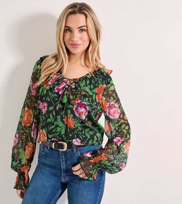 Ruffle Tie Front Long Sleeves Printed Chiffon Top