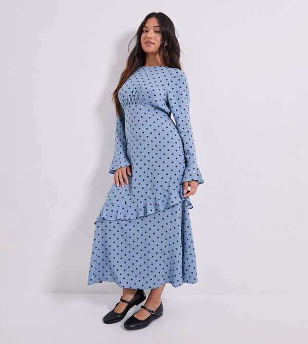 Petite Polka Dots Frill Sleeves Ruffle Detail Midi Dress