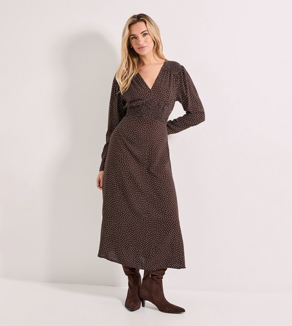 Pinspot Shirred Waist Button Detail Midi Dress