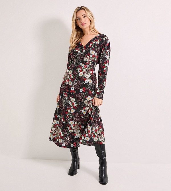 Patchwork Floral Print Shirred Waist Button Detail Midi Dress
