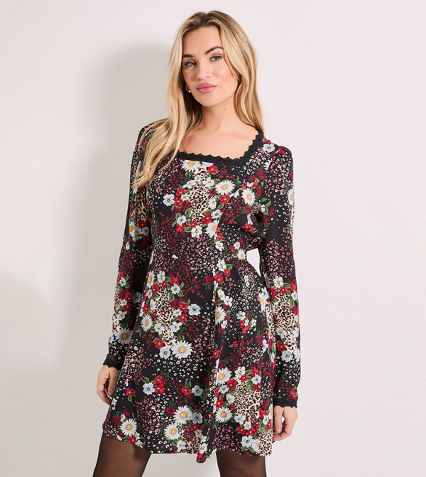 Patchwork Floral Print Square Neck Lace Trim Mini Dress