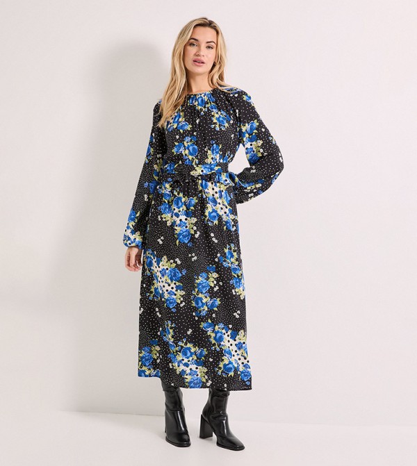 Floral Print Frill Waist Detail Blouson Sleeves Midi Dress