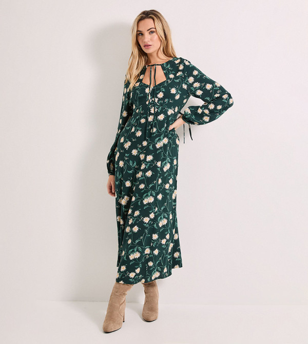 Printed Keyhole Tie Detail Midi Dress