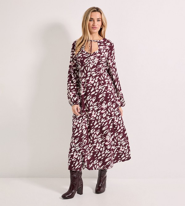 Printed Keyhole Tie Detail Midi Dress