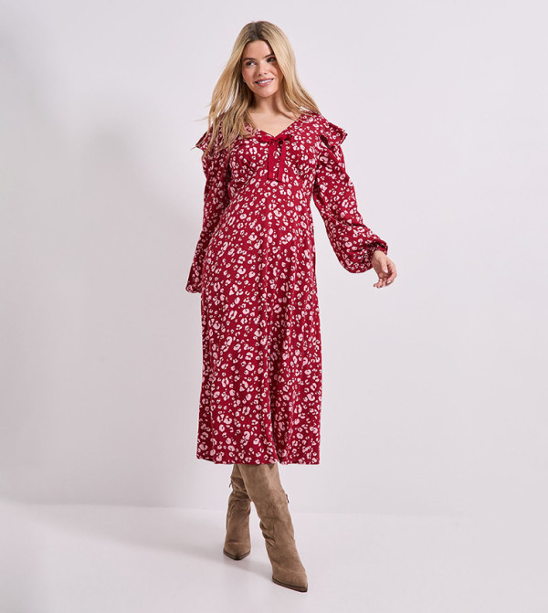 Printed Contrast Bow Detail Frill Midaxi Dress