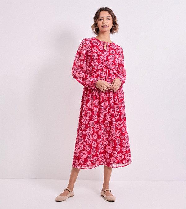Printed Daisy Tie Neck Frill Detail Trapeze Midi Dress