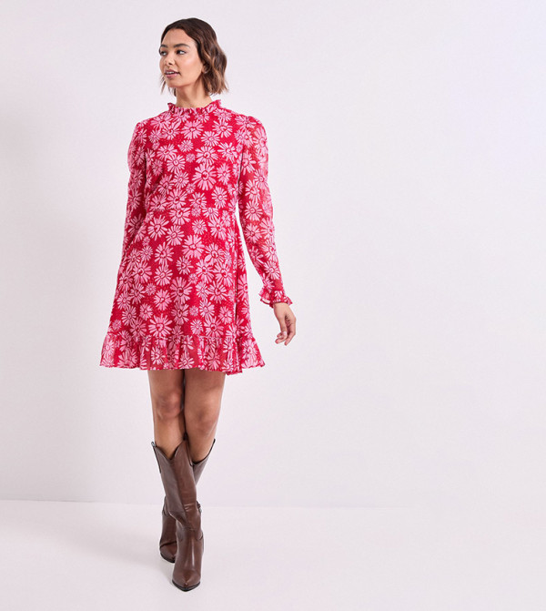 Printed Daisy Frill Neck Mini Dress