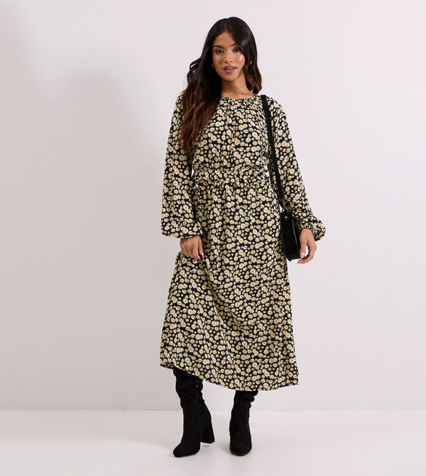 Petite Printed Frill Waist Detail Blouson Sleeves Midi Dress