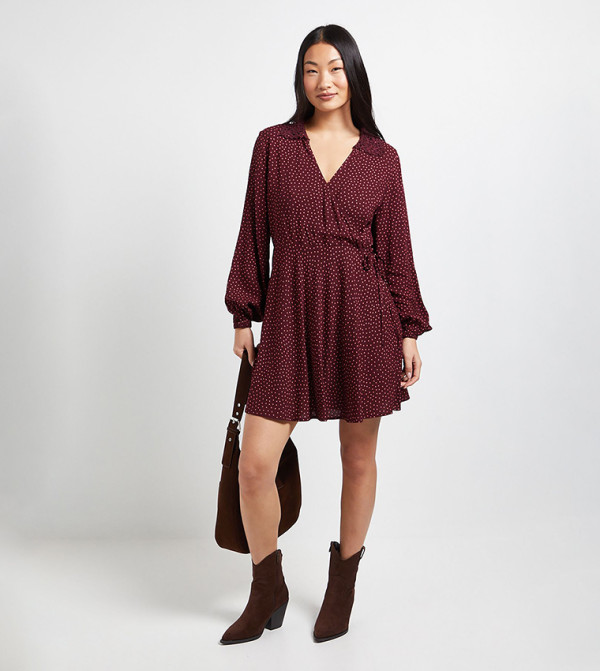 Petite Polka Dots Lace Collar Detail Wrap Mini Dress