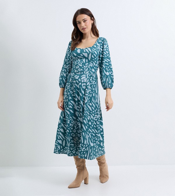 Animal Print Sweetheart Neck Dropped Waist Seam Midi Dress