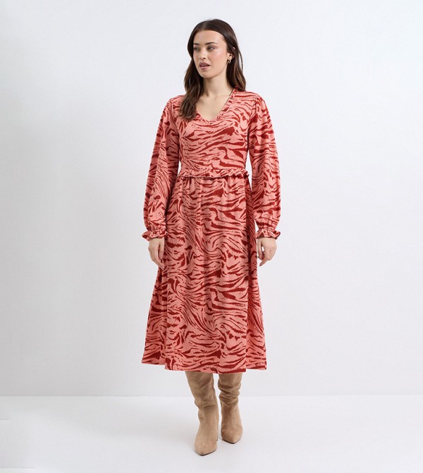 Animal Print Frill Neck Blouson Sleeves Midi Dress