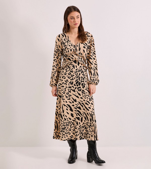 Animal V-Neck Empire Seam Balloon Sleeves Midi Dress