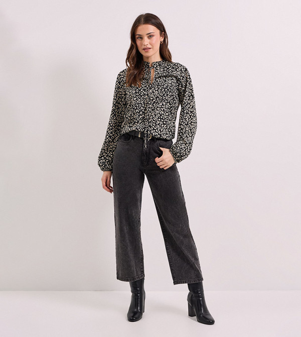 Animal Tie-Up Neck Detail Balloon Sleeves Jersey Top