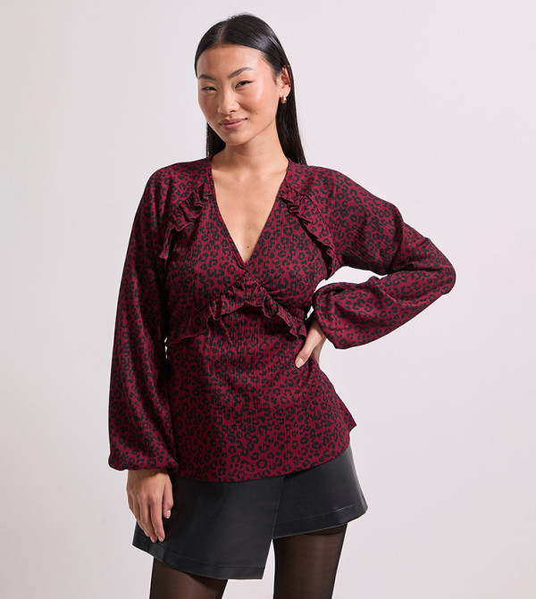 Petite Animal Print Empire Seam Frill Detail Top