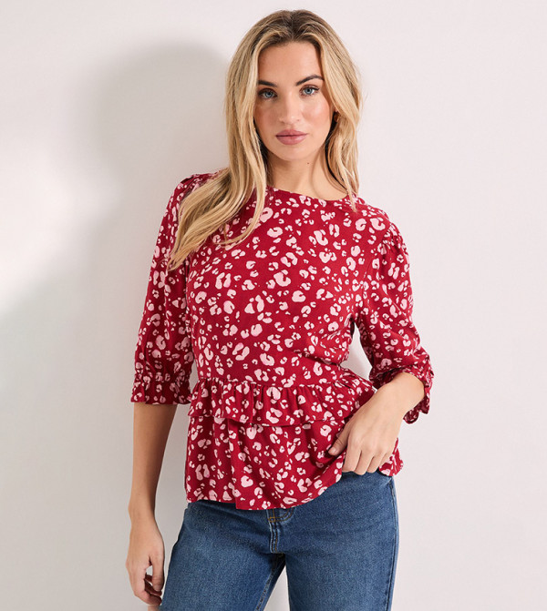 Printed Frill Peplum Hem 3/4 Sleeves Top
