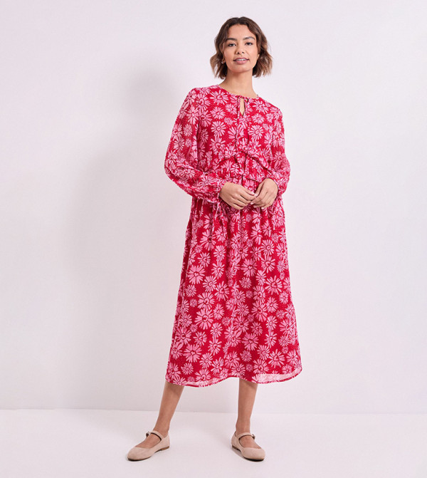 Printed Tie Neck Frill Detail Trapeze Midi Dress