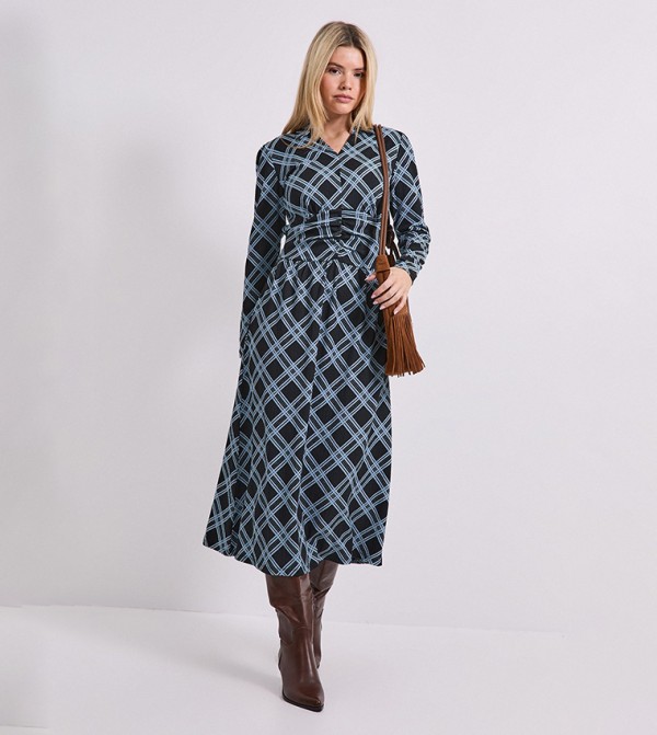 Collared Shirred Back Long Sleeves Jersey Midi Dress