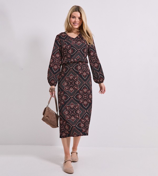 Frill Scoop Neck Blouson Sleeves Jersey Midi Dress