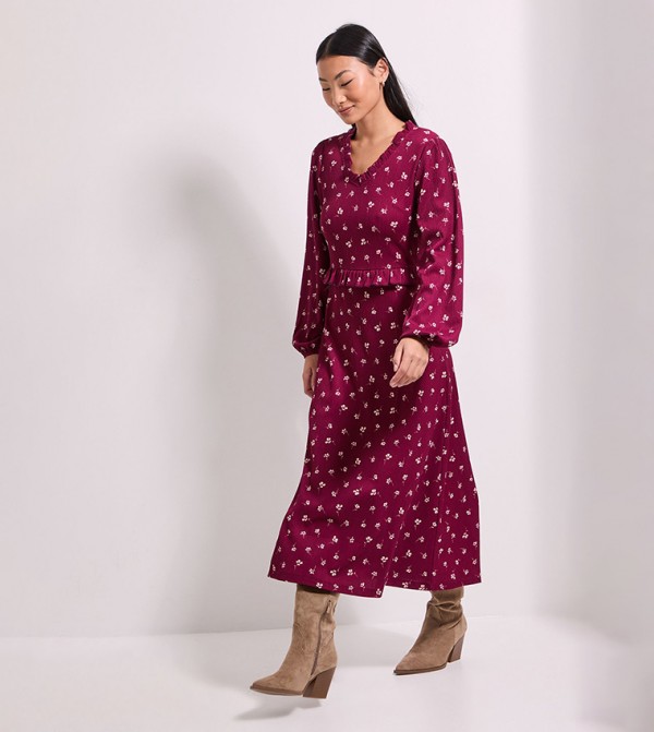 Petite Ditsy Frill Scoop Neck Blouson Sleeves Midi Dress