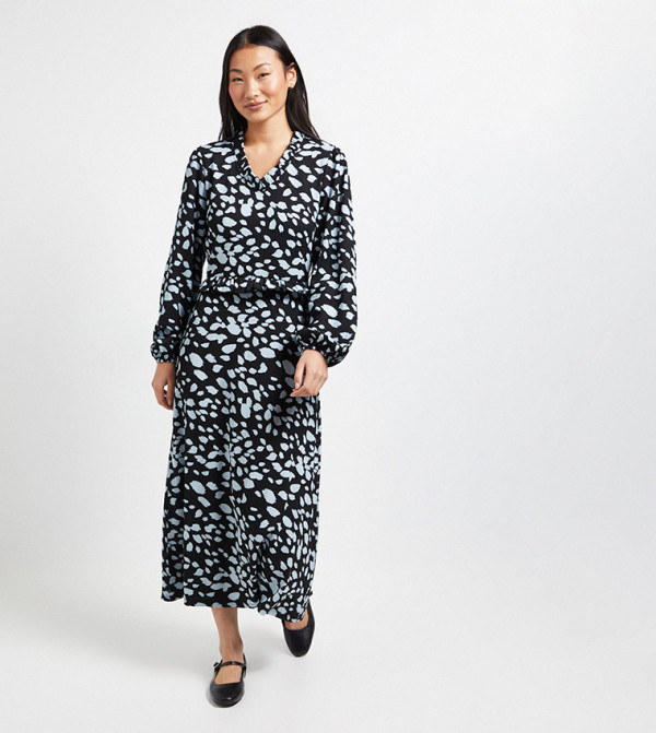 Petite Frill Scoop Neck Blouson Sleeves Jersey Midi Dress