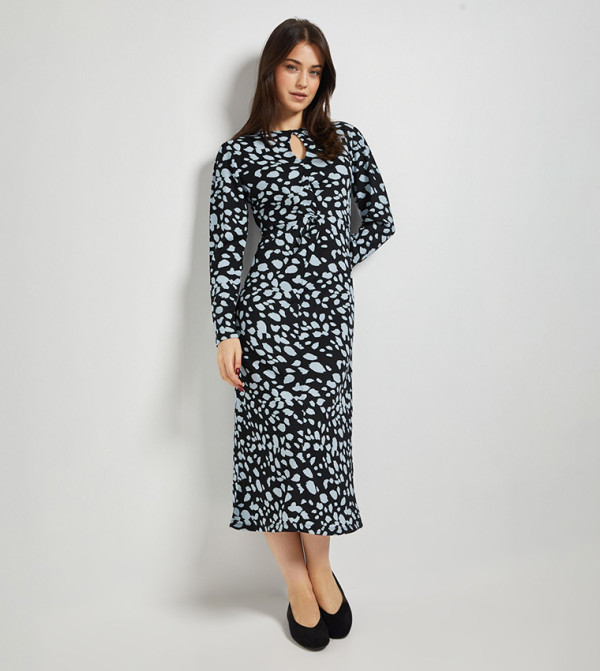Knot Waist Long Sleeves Midi Dress