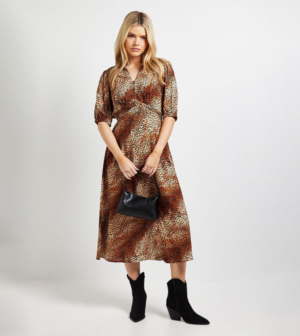 Collared Button Detail Puff Sleeves Midi Dress